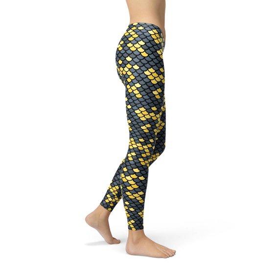 Mermaid Leggings with Dark Gray and Yellow Fish Scales Pattern Print Maroon Sooty
