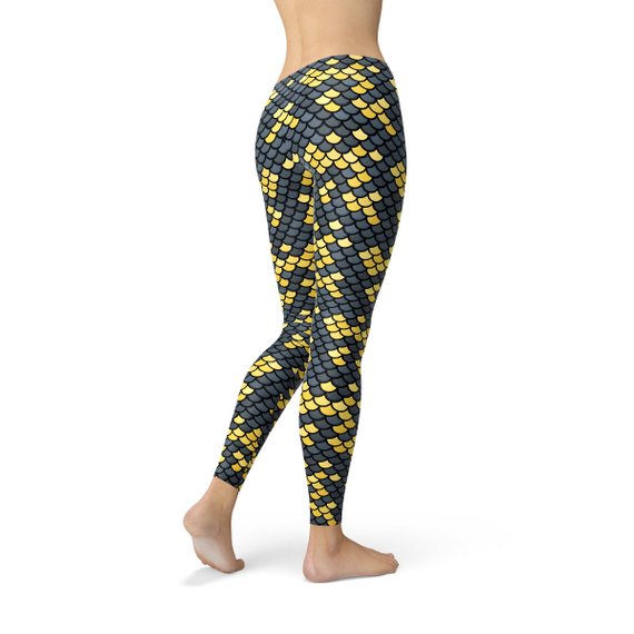 Mermaid Leggings with Dark Gray and Yellow Fish Scales Pattern Print Maroon Sooty