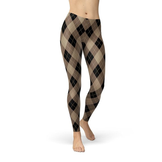 Womens Beige Brown Argyle Leggings Maroon Sooty