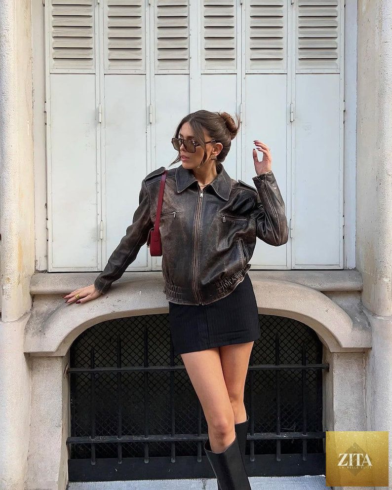 Vintage 90s oversized distressed black leather bomber jacket for women, Parisian street style outerwear by cows skin jackets.