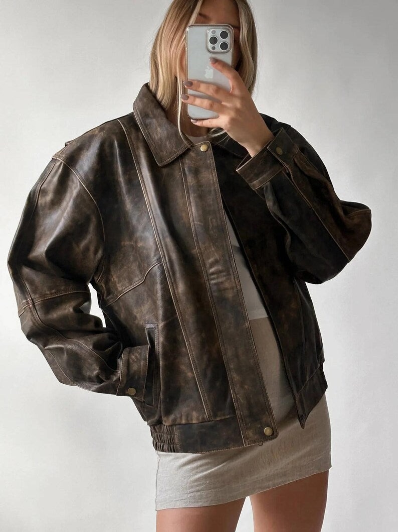 1980s Distressed Brown Oversized Retro Vintage Real Leather Jacket, Women’s Streetwear Loose Leather Jacket, Ladies Jacket Gift For her