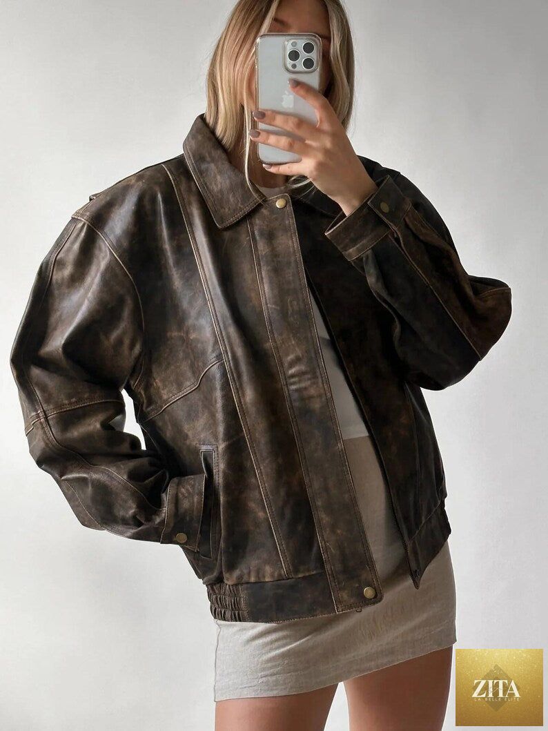 Distressed brown leather jacket for women, oversized vintage streetwear by Cows Skin Jackets, real leather, retro style, loose fit.