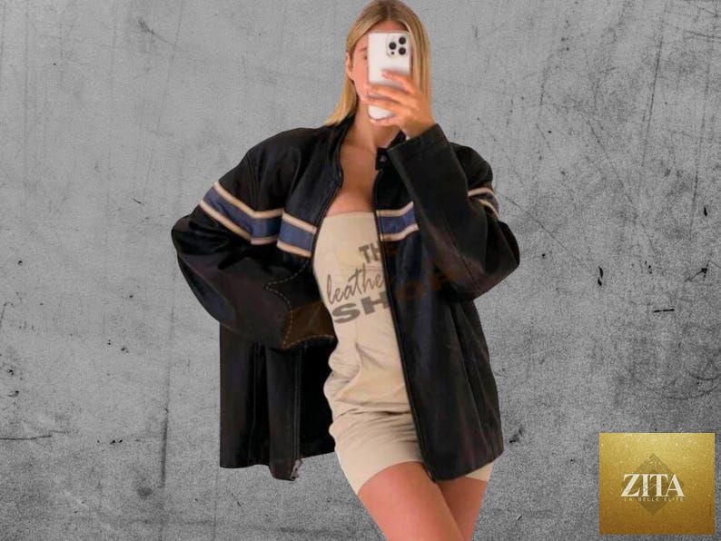 Vintage oversized leather jacket for women by Cows Skin Jackets, classic boxy bomber style with a 90s-inspired fit.