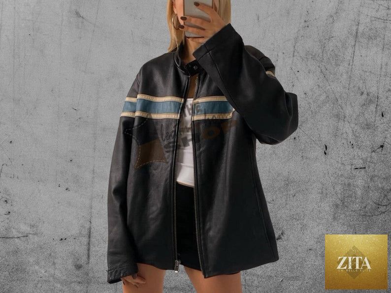 Vintage oversized leather jacket for women by Cowskin Jackets, classic boxy bomber style with a 90s retro look.