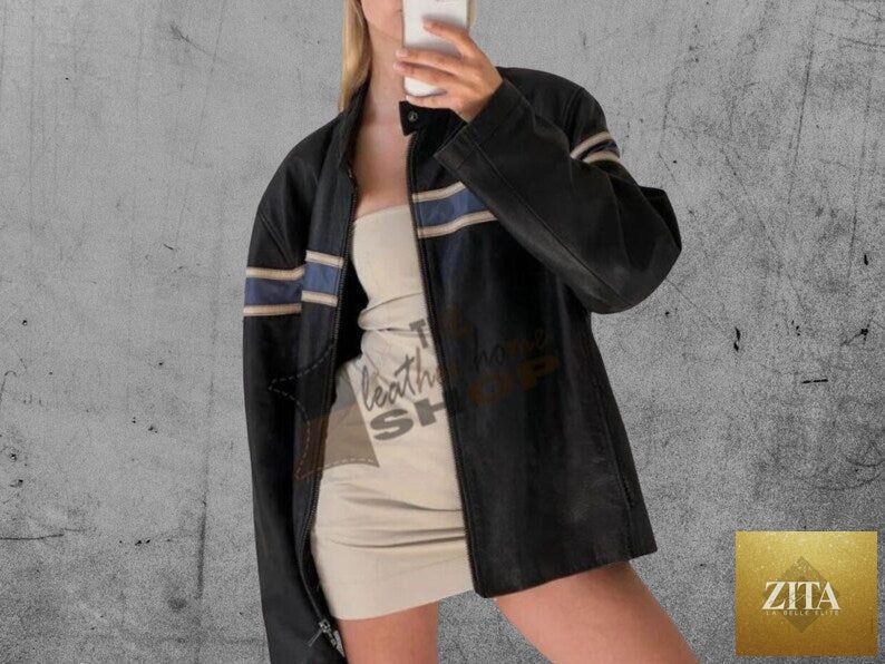 Vintage oversized leather jacket for women by Cowskin Jackets, classic boxy bomber style with a 90s retro look.