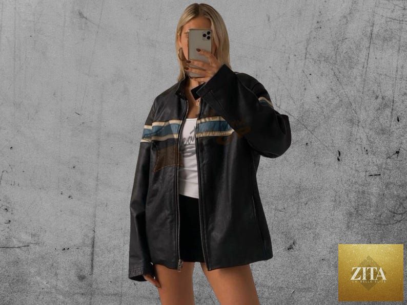 Vintage oversized leather jacket for women by Cowskin Jackets, classic boxy bomber style with a 90s vintage straight fit.