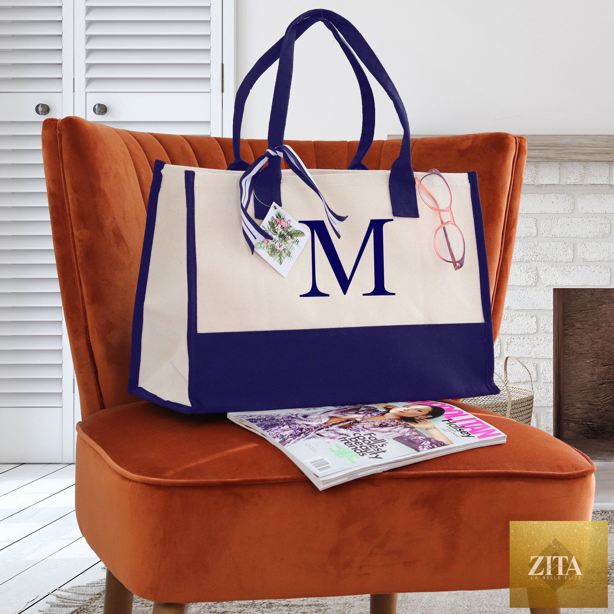 Personalized Cotton Canvas Beach Tote Bag Monogram Tote Bag Initial Canvas Tote Bridesmaid Gift Tote Custom Beach Bag Gift for Her A-Z