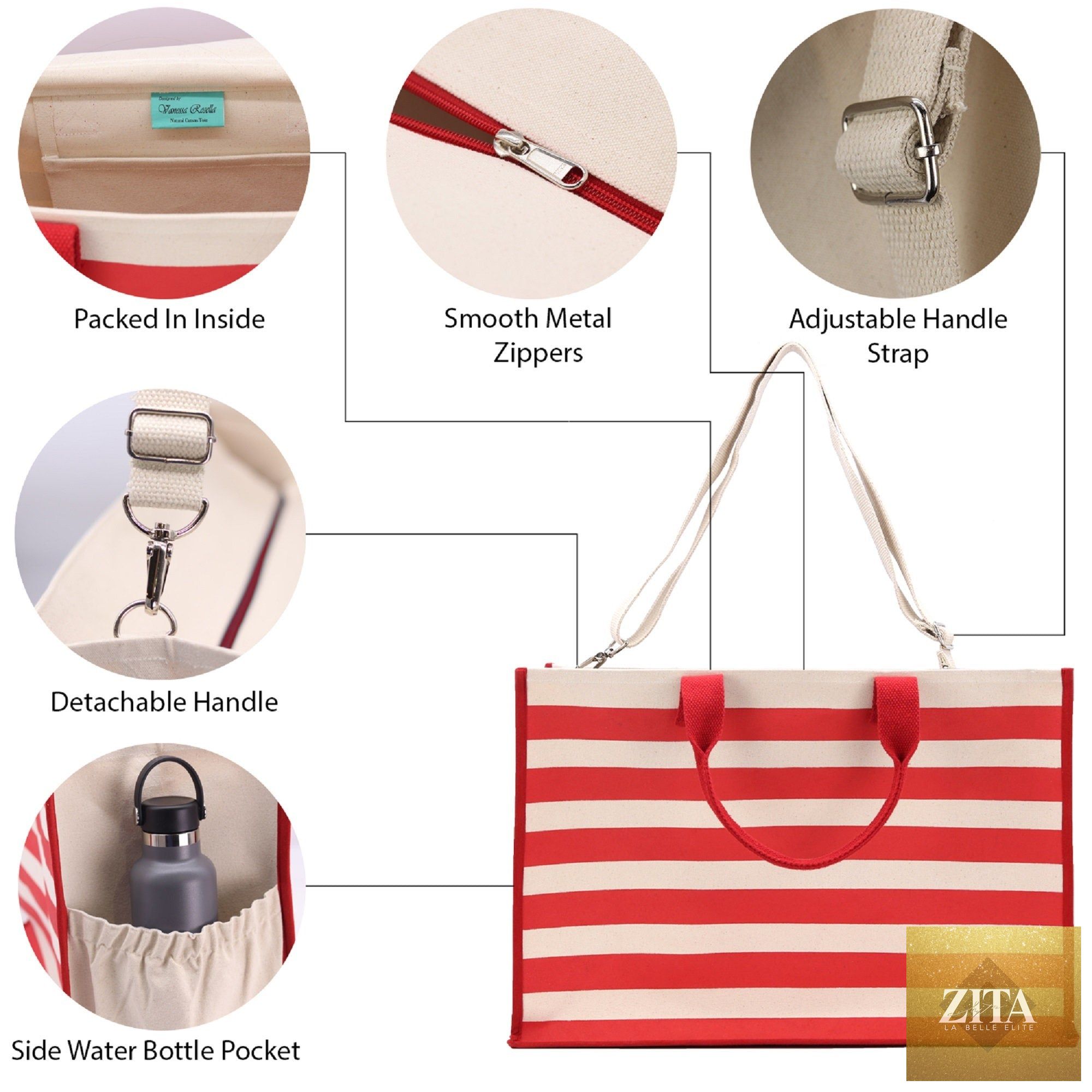 Salty Vibes Cabana Tote Bag XL - Oversized Chic Tote Bag with Zipper and Inner Pocket - Beach Bag for Women - Weekender Beach Tote