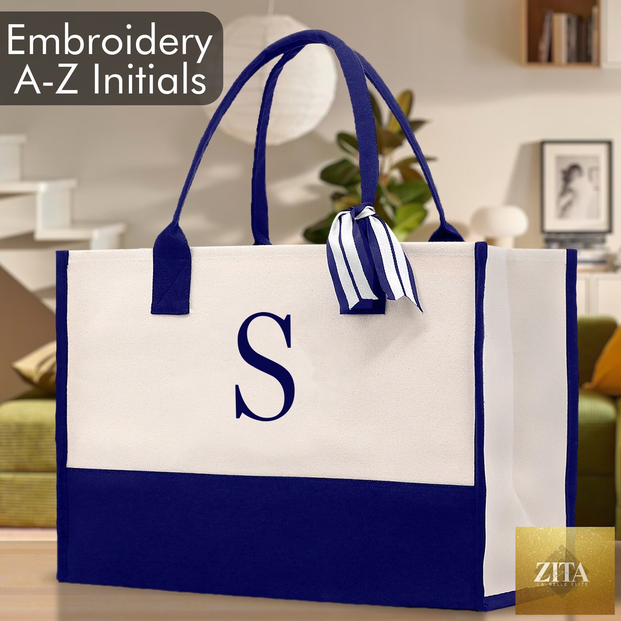 Personalized Cotton Canvas Beach Tote Bag Monogram Tote Bag Initial Canvas Tote Bridesmaid Gift Tote Custom Beach Bag Gift for Her A-Z