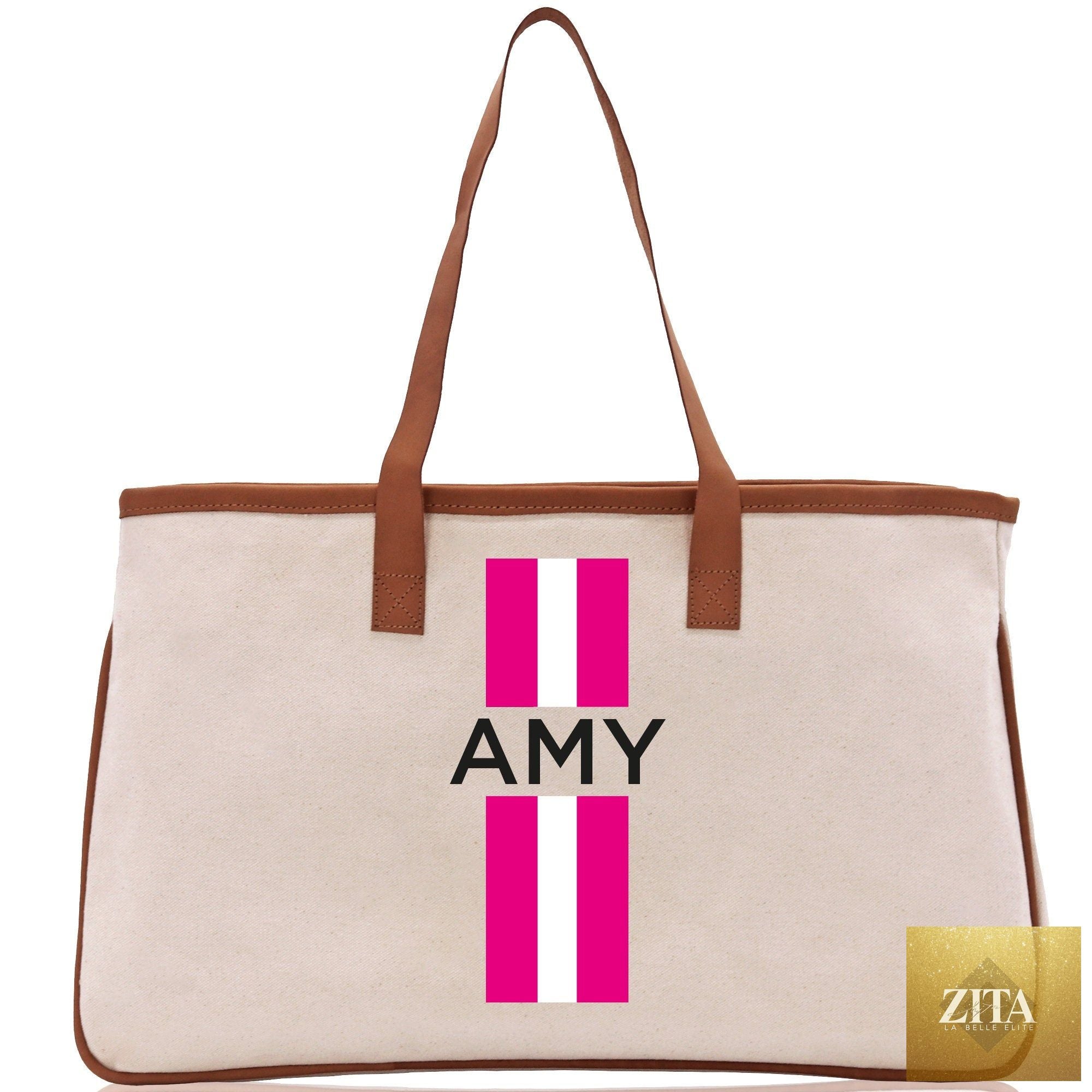 Personalized Monogrammed Canvas Tote Bag Striped Initials Custom Name Beach Bag Bridal Party Gifts Bride Gift Holiday Gift Bag