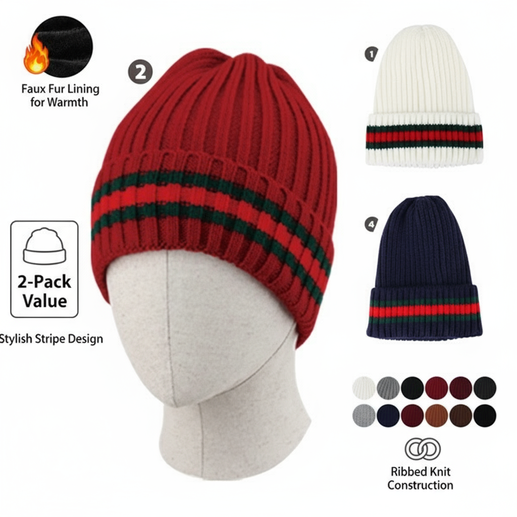 Women's Fashion Winter Hat 2-Pack Ribbed Knit with Faux Fur Lining