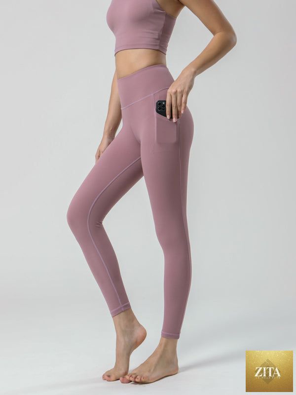 Women's high-waist yoga capri pants by Lady Ros, double brushed ultra-soft fabric, shown in a close-up of the comfortable fit.
