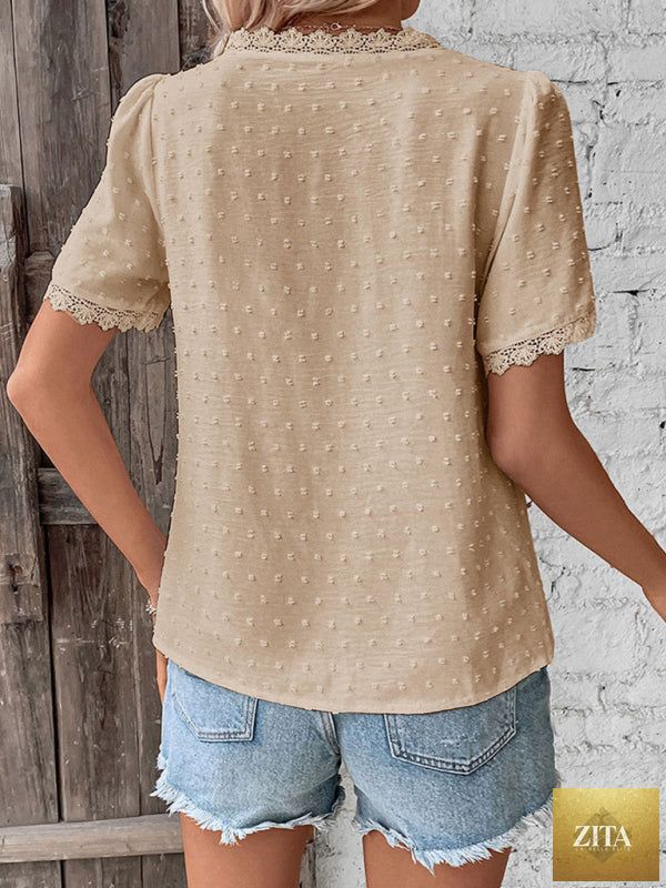Lady Ros V-neck lace panel blouse with short sleeves, elegant women's top featuring delicate lace details.