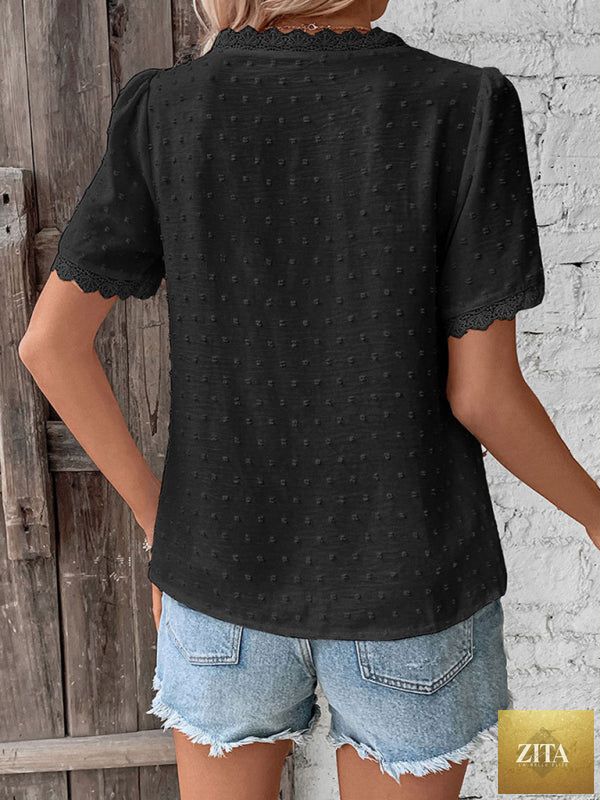 Lady Ros V-neck lace panel blouse, elegant short sleeve top for women, shown in soft fabric with intricate lace details.