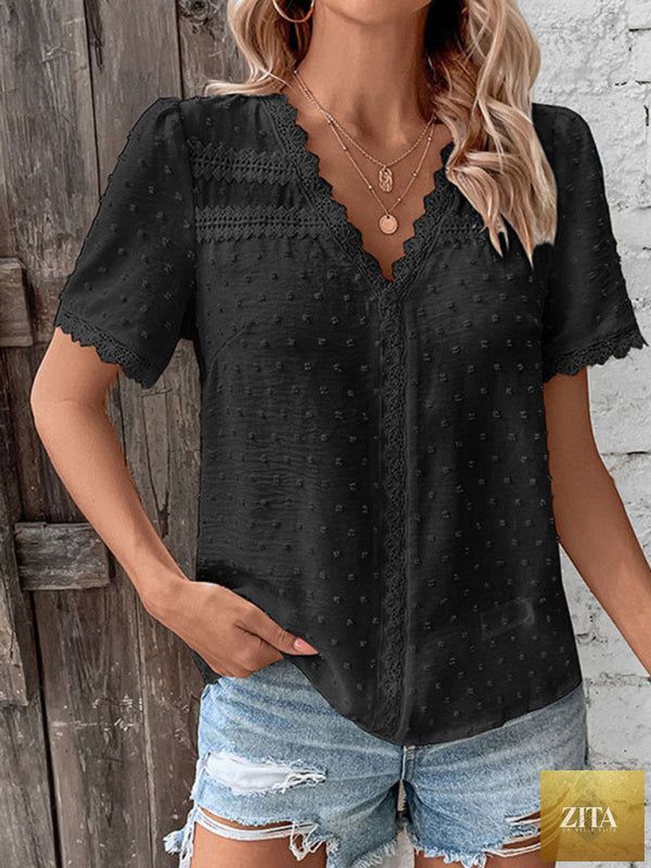 Lady Ros V-neck lace panel blouse featuring short sleeves and elegant design, perfect for women's stylish tops.