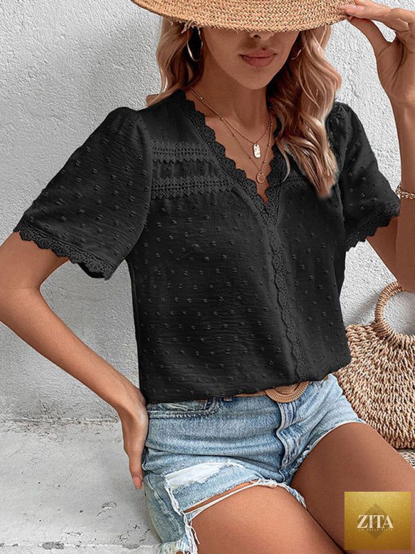 Lady Ros V-neck lace panel blouse featuring short sleeves and elegant design, perfect for women's stylish tops.