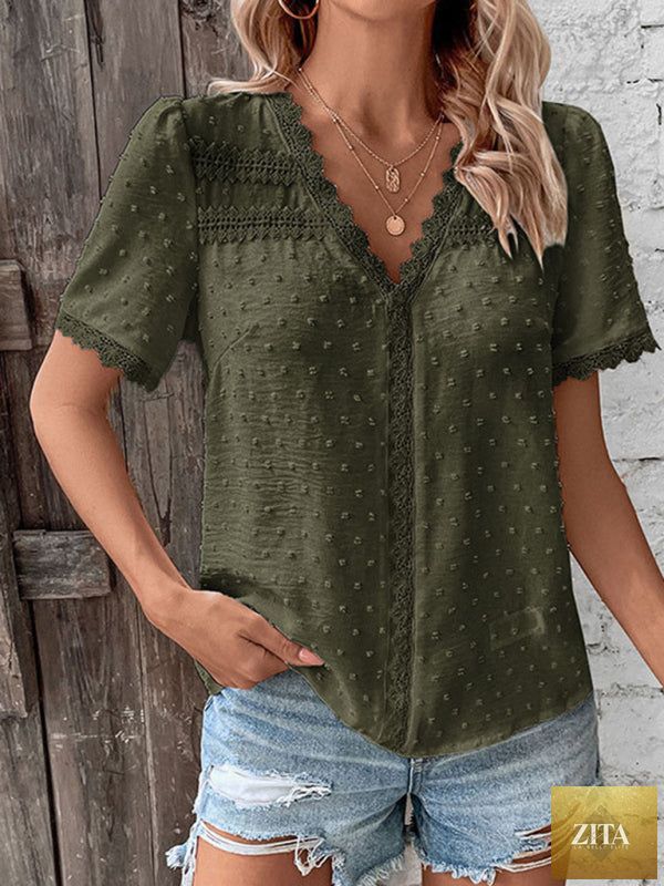 Lady Ros V-neck lace panel blouse featuring short sleeves and elegant design, perfect for women’s stylish tops.