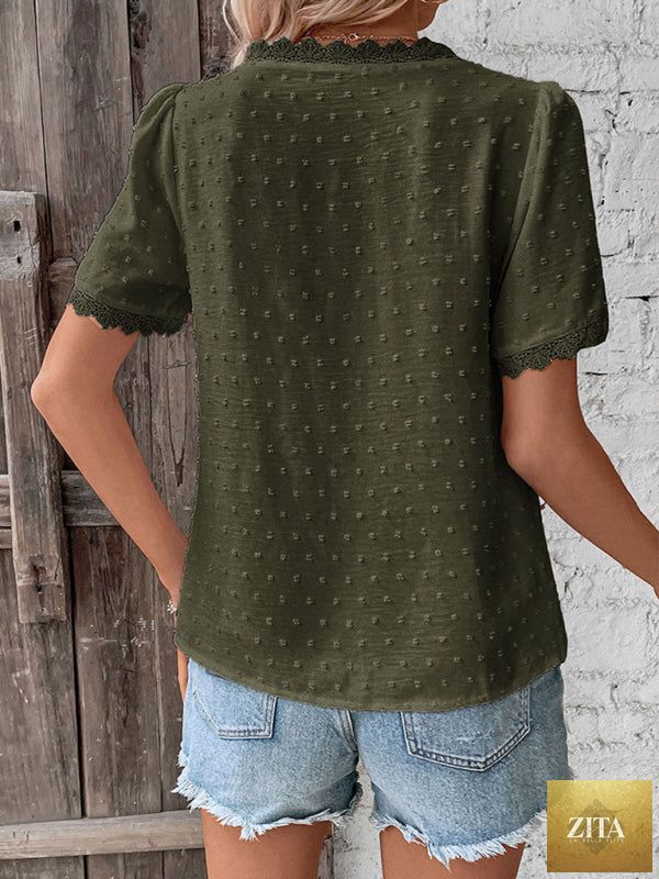 Lady Ros V-neck lace panel blouse, elegant short sleeve top for women, featuring delicate lace details and a flattering fit.