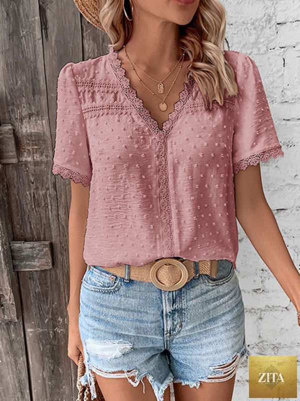 Lady Ros V-neck lace panel blouse, elegant short sleeve top for women, featuring delicate lace details and a flattering fit.
