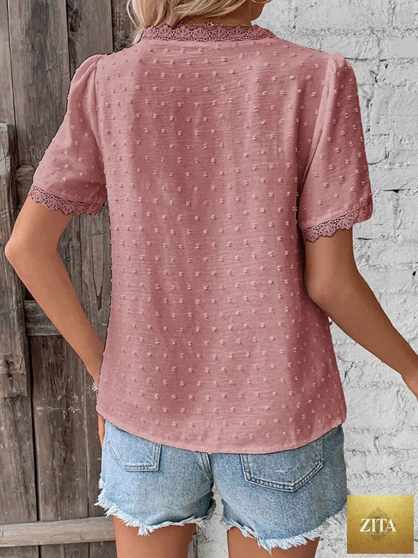 Lady Ros V-neck lace panel blouse with short sleeves, elegant women's top featuring delicate lace details and a fitted silhouette.