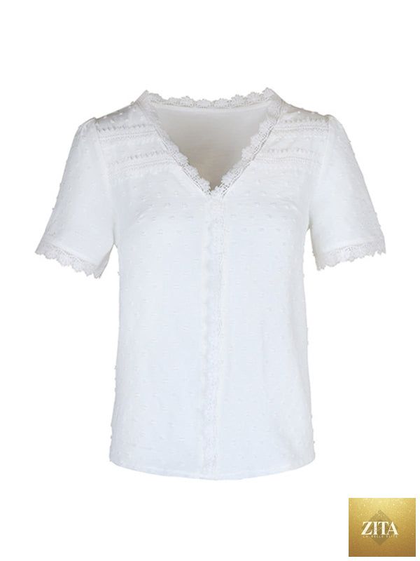 Lady Ros V-neck lace panel blouse, elegant short sleeve top for women, white fabric with delicate lace details.