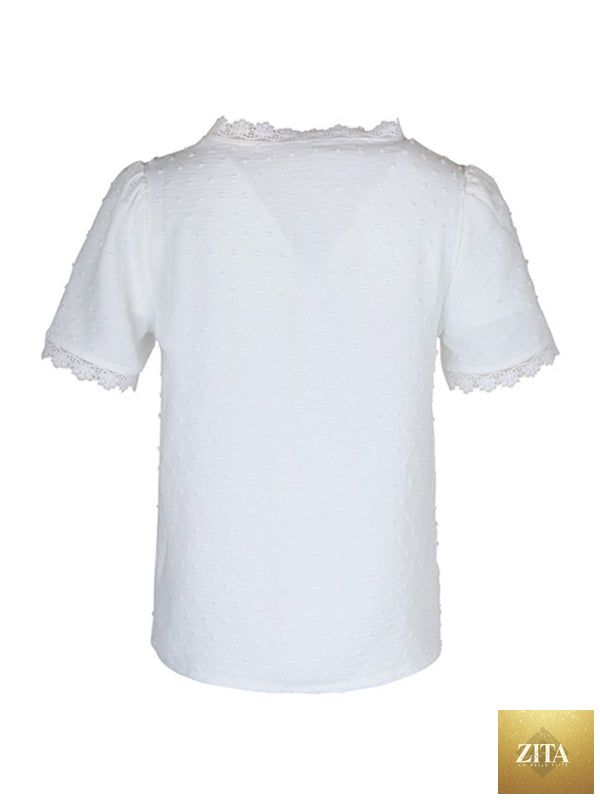 Lady Ros V-neck lace panel blouse, elegant short sleeve top for women with delicate lace details and a flattering fit.