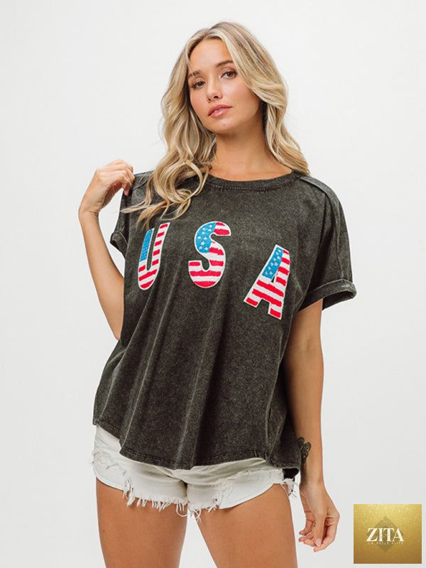 Women's Lady Ros Independence Day short sleeve T-shirt with English letters, casual top for celebrating patriotic occasions.