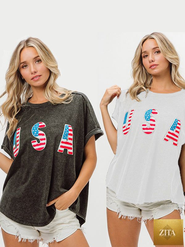 Women's Independence Day short sleeve T-shirt by Lady Ros with English letter design, featuring a festive patriotic style.