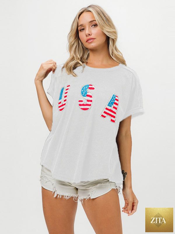Women's Lady Ros Independence Day short sleeve T-shirt with English letters, casual and festive for celebrating the holiday.