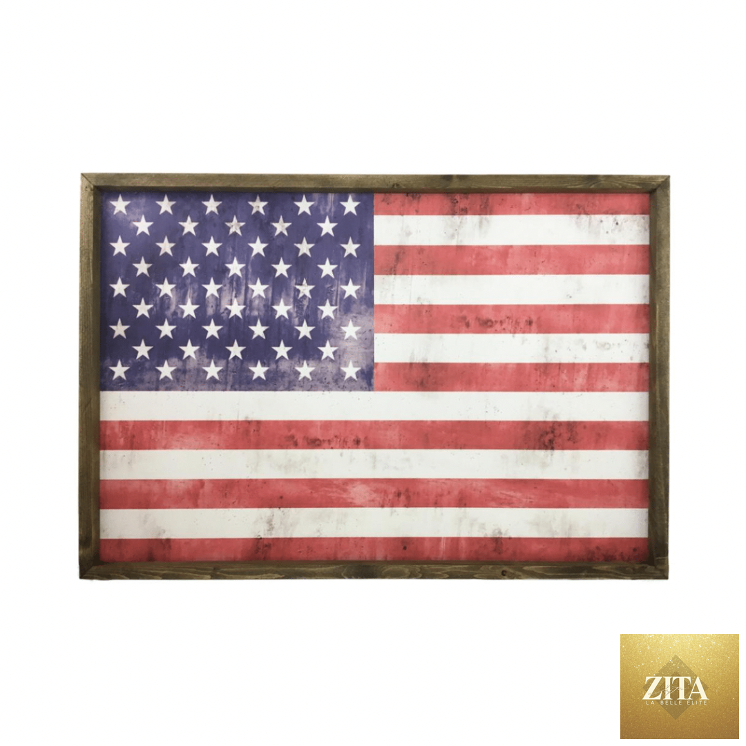 American flag framed art by 12timbers, featuring patriotic wall decor with a wooden frame and vibrant flag design.