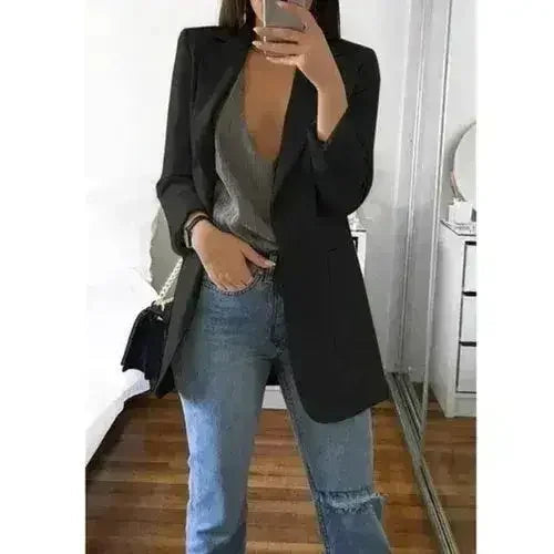 Femstylo women's casual slim blazer jacket with lapel, perfect for office and stylish autumn wear, image showing front view.