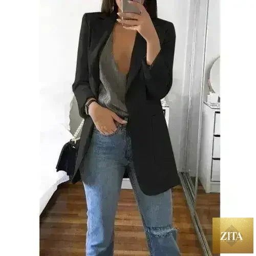 Femstylo women's casual slim blazer jacket with lapel, perfect for office and stylish autumn wear, image showing front view.