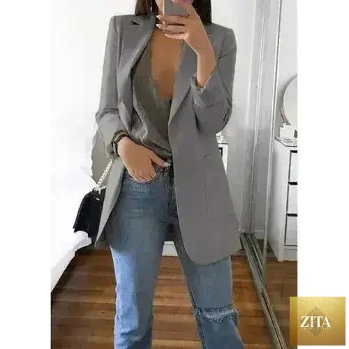 Femstylo women's slim blazer suit jacket with lapel, ideal for office or casual wear, in a stylish autumn fashion.