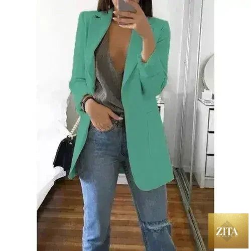 Women’s slim blazer jacket by Femstylo, featuring lapel collar, perfect for casual or office wear, in a stylish autumn design.