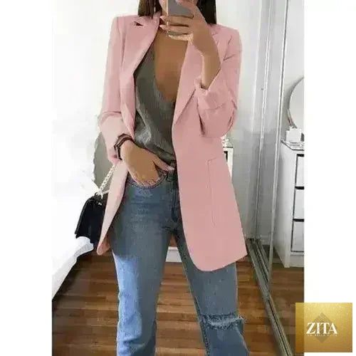 Femstylo women's slim blazer suit jacket with lapel, casual office wear, autumn fashion, suitable for women in a professional setting