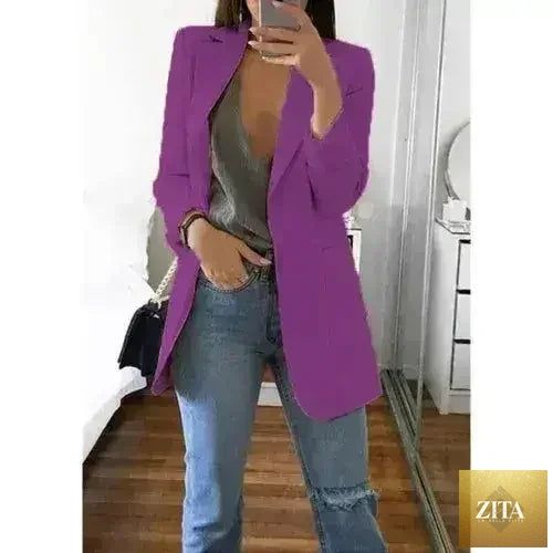 Femstylo women's casual slim blazer jacket with lapel collar, suitable for office or stylish casual wear.