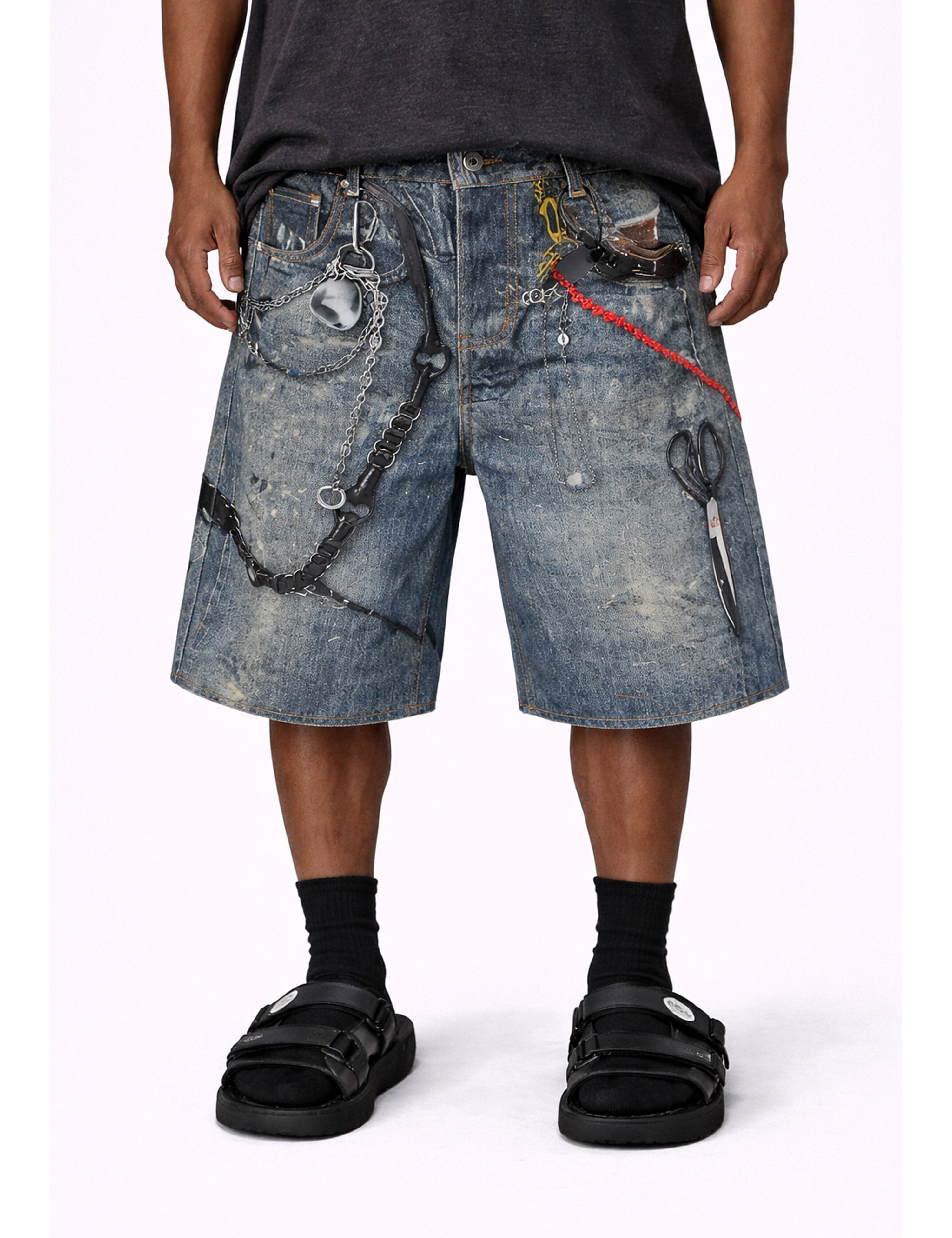 Undeveloped hardware denim shorts with distressed details and rolled hems, featuring classic five-pocket style and a casual fit.