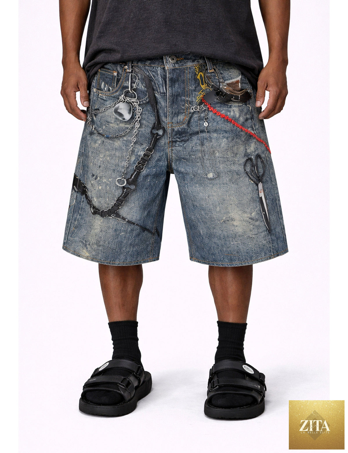Undeveloped denim shorts featuring a classic hardware denim design with visible stitching and distressed details.