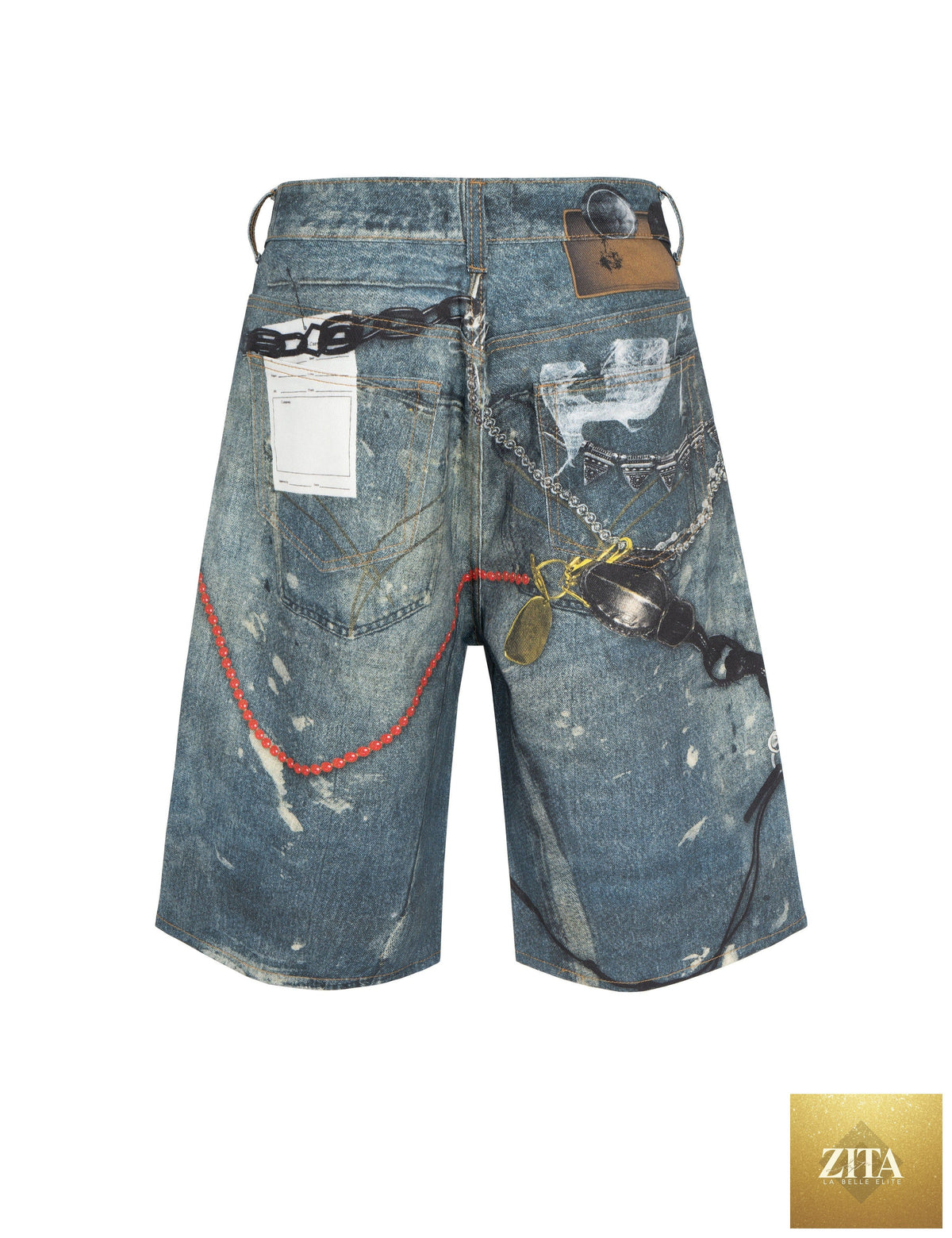 Undeveloped denim shorts with hardware details, casual fit, and distressed finish, shown on a model against a neutral background.