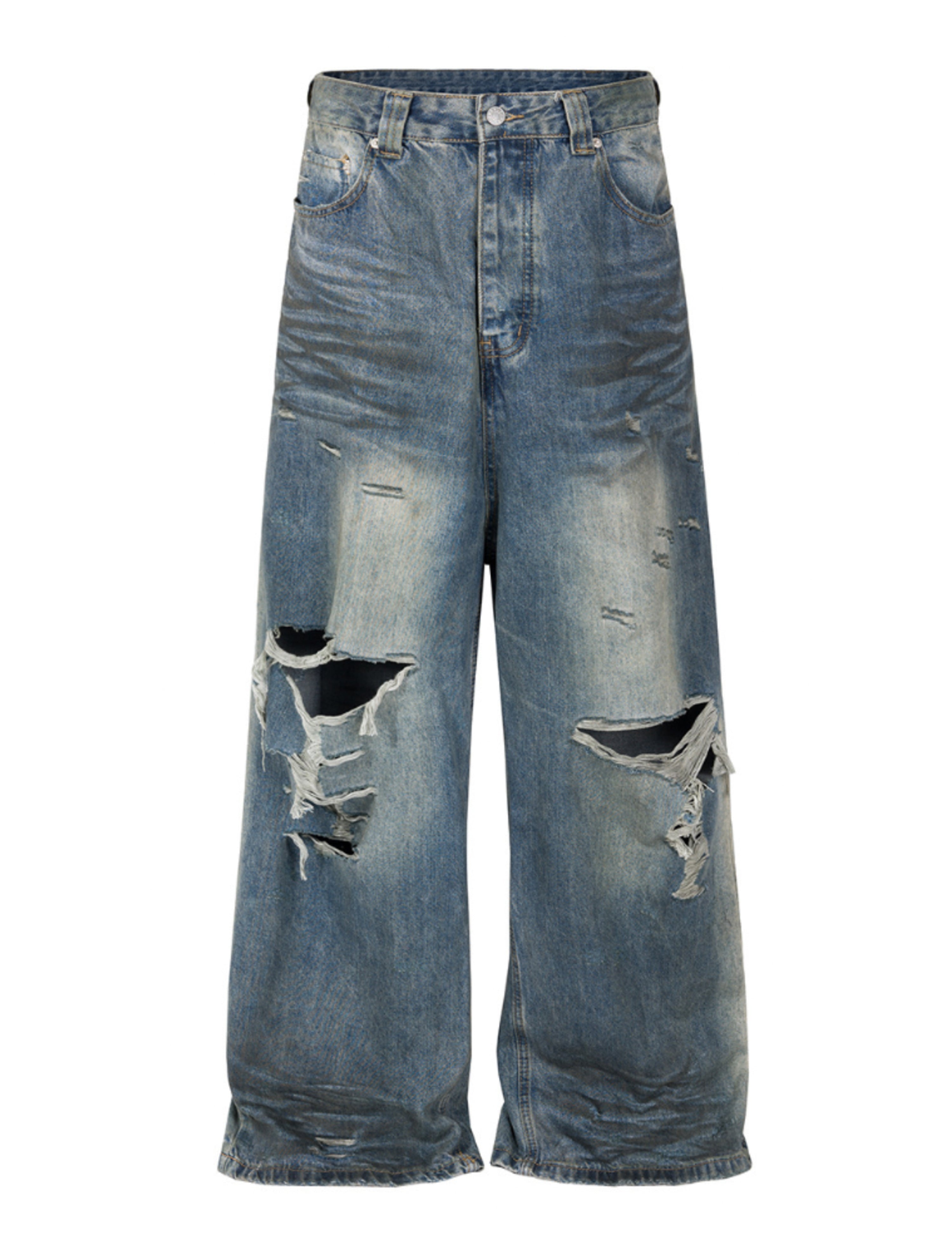 Undeveloped Wideboy Destroyed Denim jeans with distressed detailing and frayed hems, showcasing a trendy, worn-in denim look.