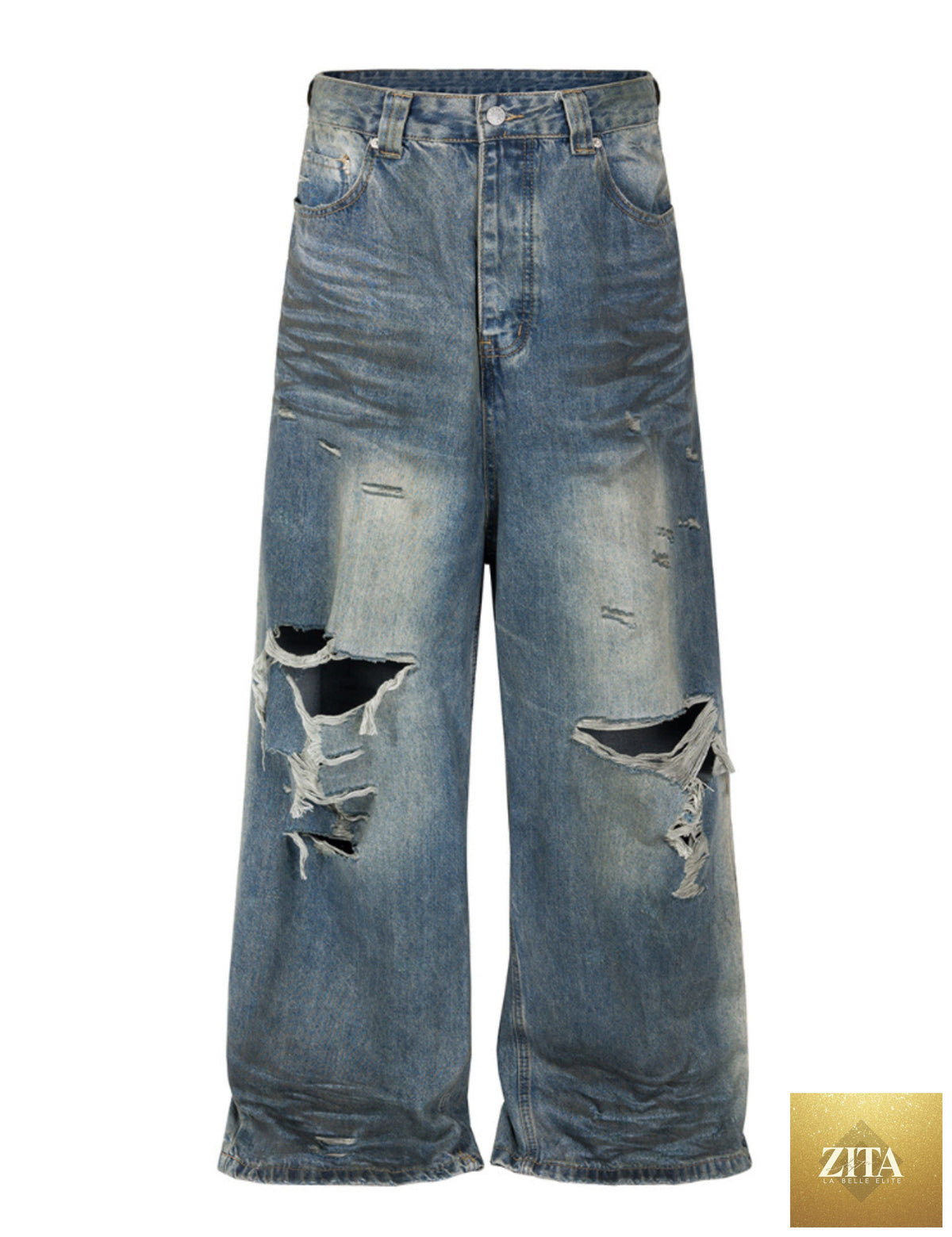 WIDEBOY Destroyed Denim jeans by UNDEVELOPED, featuring a relaxed fit with distressed and ripped details on light-wash denim.