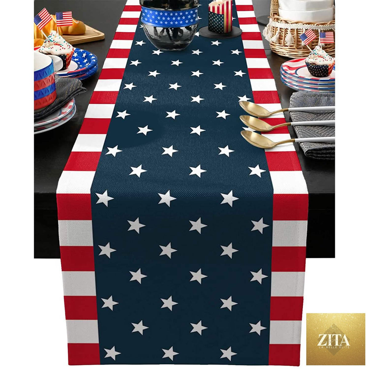 Fourth of July table runner and dresser scarf with patriotic design, ideal for Independence Day holiday decor.
