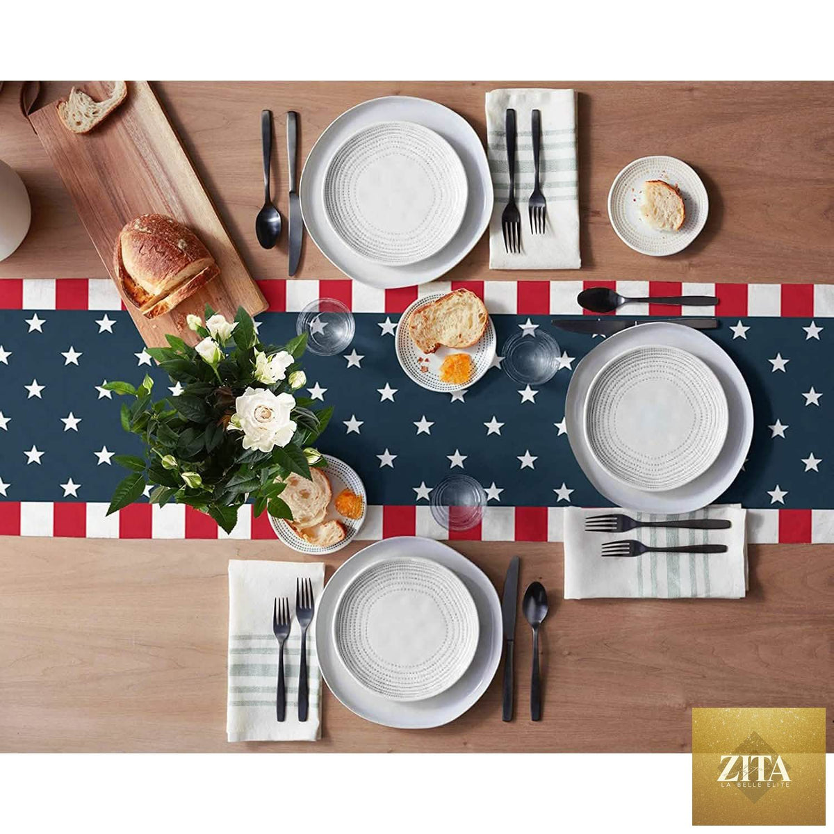 Zita La Belle Elite 4th of July table runner with patriotic red, white, and blue design for Independence Day holiday decor.
