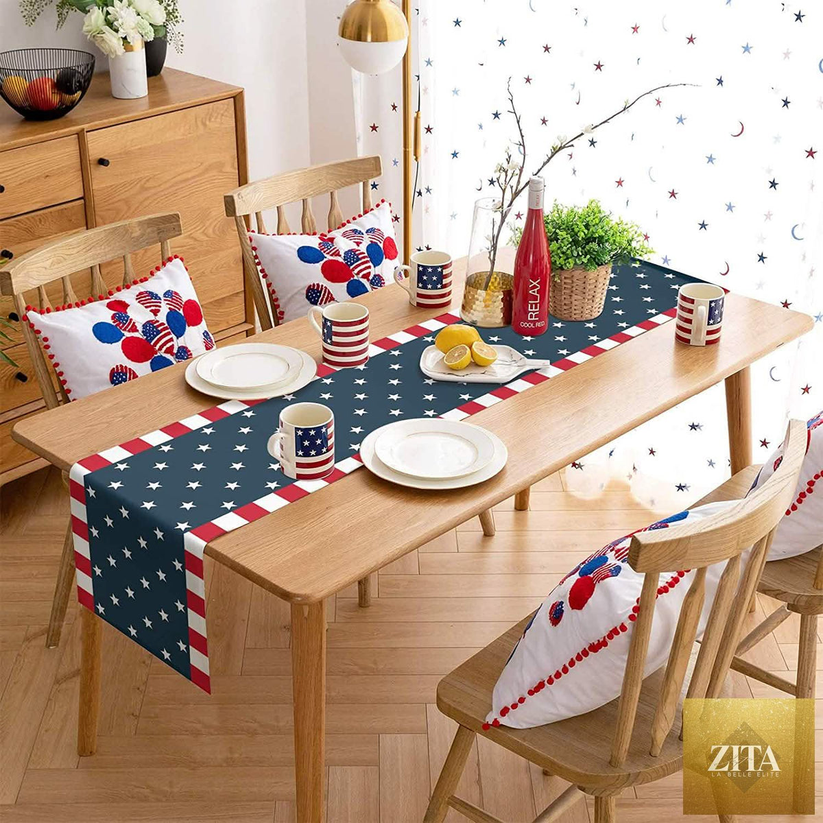 Zita La Belle Elite 4th of July table runner with patriotic red, white, and blue design for Independence Day holiday decor.