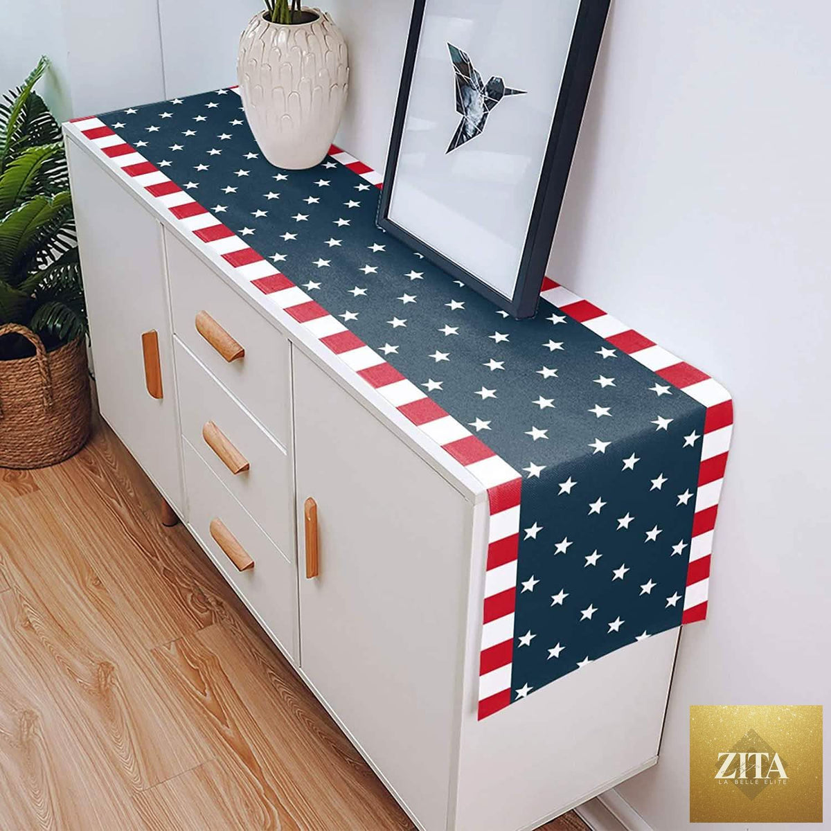 Zita La Belle Elite Independence Day 4th of July table runner and dresser scarf with patriotic red, white, and blue design.