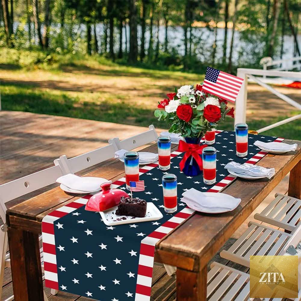 Fourth of July table runner and dresser scarves featuring patriotic designs, perfect for Independence Day holiday decor.