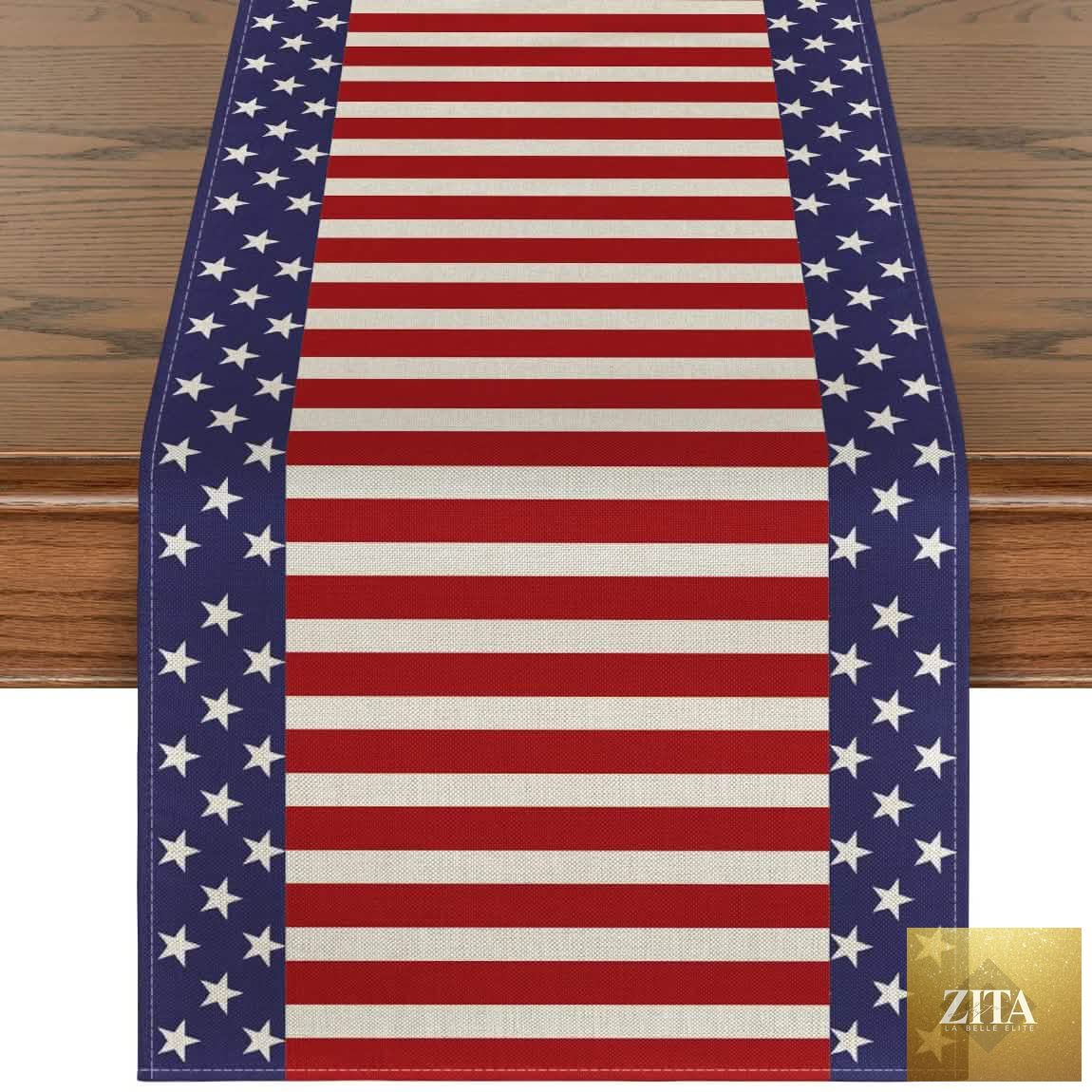 Linen burlap Independence Day table bunting with patriotic flags, festive seasonal decor by Zita La Belle Elite.