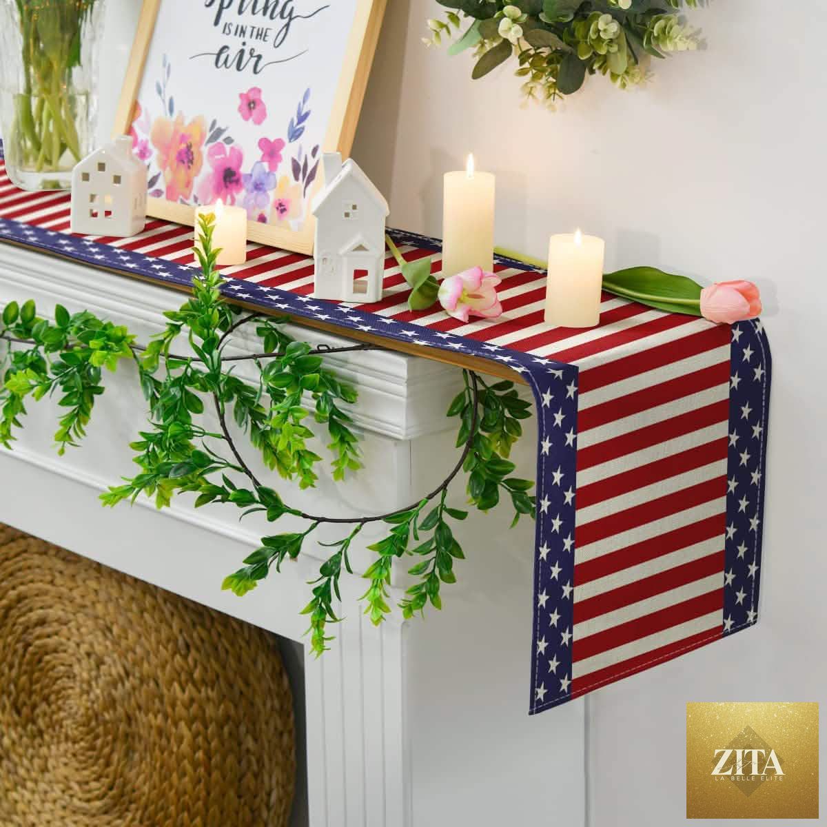 Linen burlap Independence Day table bunting with festive red, white, and blue accents for holiday decor by Zita La Belle Elite