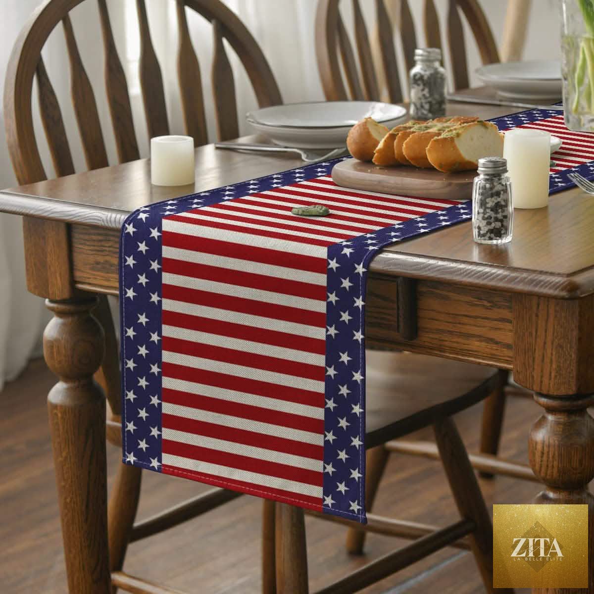 Red, white, and blue linen burlap Independence Day table bunting with festive holiday decor for summer celebrations.