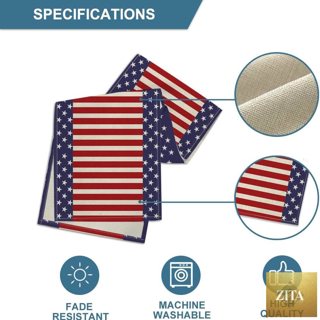 Linen burlap Independence Day table bunting with patriotic red, white, and blue accents for festive holiday decor.